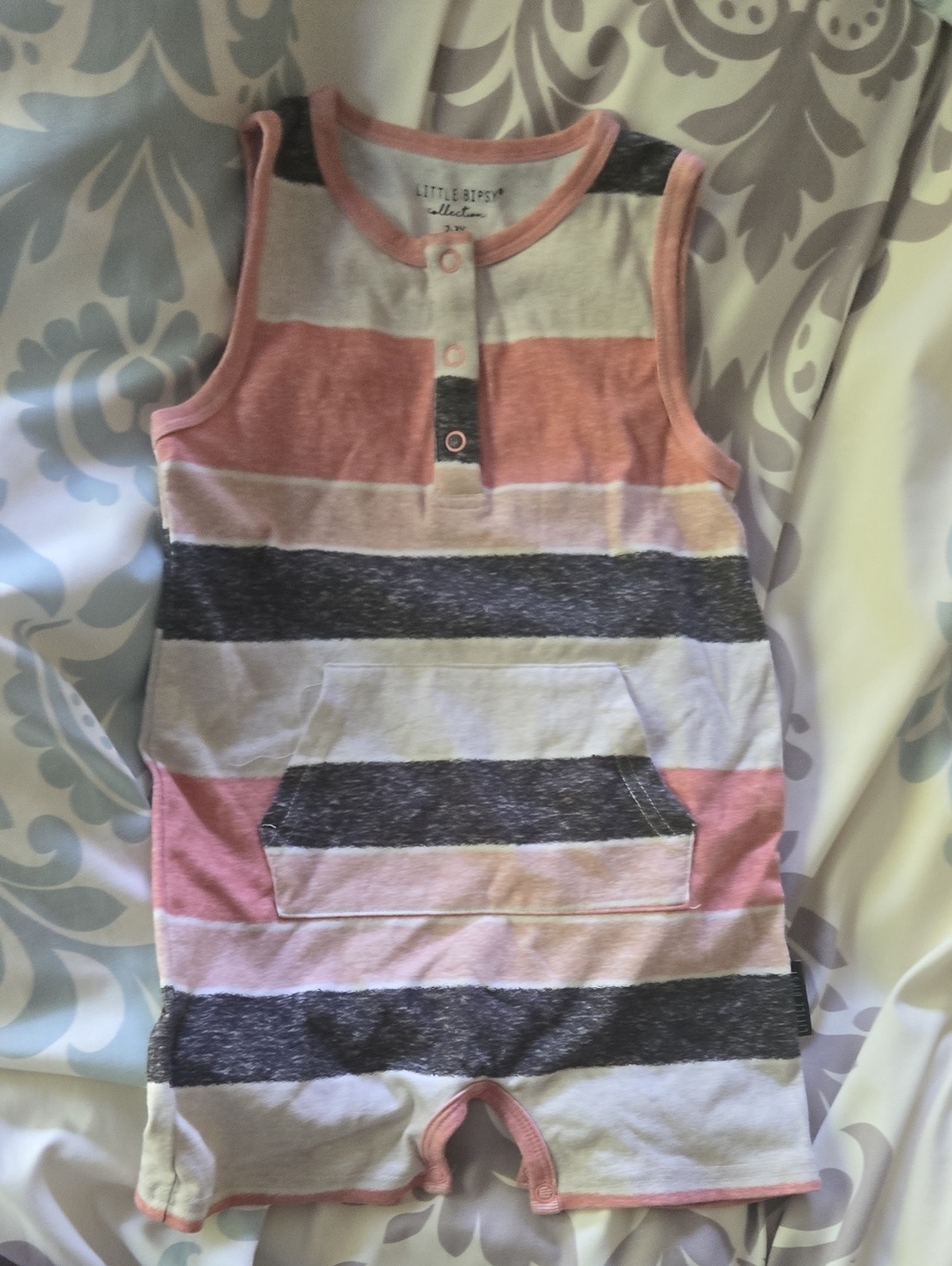 Little Bipsy Pink, Gray & White Striped Sleeveless Romper